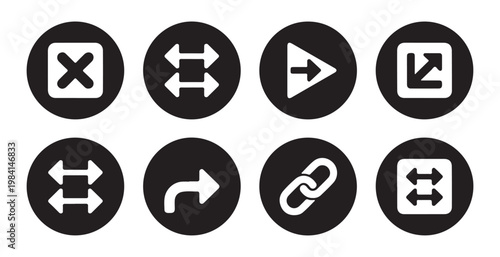 Collection of bold white flat arrow icons and navigational symbols set within black circular buttons.