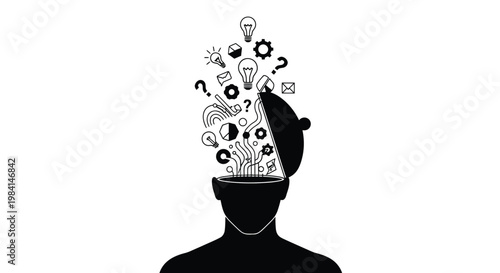 A compelling vector graphic illustration depicting a human head with a hinged skull releasing a burst of creative ideas, thoughts, and innovative concepts.