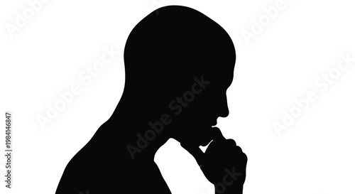 This thoughtful vector graphic illustration depicts a male silhouette in profile, hand to chin, symbolizing deep contemplation and problem-solving, perfect for various design projects.