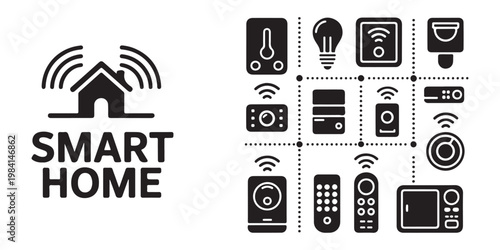 Smart home technology icons set collection with devices and controls on grid.