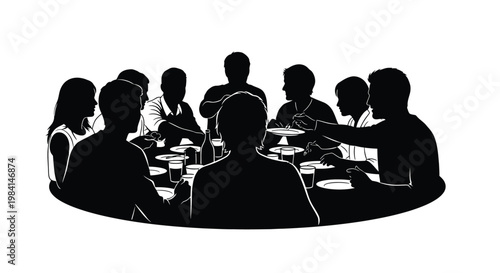 A vibrant vector illustration depicting an inclusive group of diverse individuals enjoying a communal meal and lively conversation around a dinner table design.
