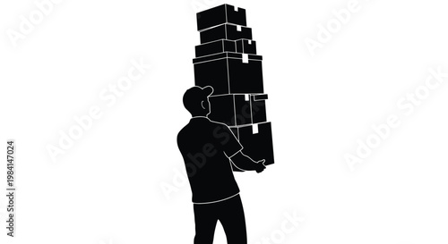 A professional delivery person in a vector illustration struggles with a very tall stack of packages, demonstrating overwhelming work and an unstable load.