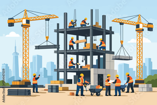 Construction Workers Building Skyscraper and Urban Infrastructure Development Flat Vector Illustration