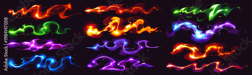 Cartoon game magic power waves, wizard glow vfx light effect. Red, orange, green, blue and purple streams with fluid curves fantasy magic effect. Vector glowing energy flames, dynamic swirling shapes