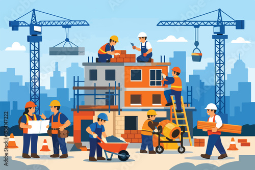 Team Building Construction Project and Collaborative Architectural Structure Flat Vector Illustration