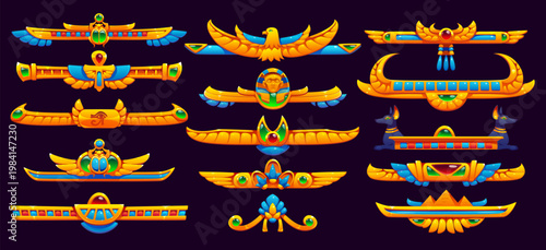 Ancient Egypt ornaments, egyptian divider frame and border lines, vector game UI. Cartoon gold egyptian dividers set with Anubis, scarab and pharaoh pyramids, Horus wings, eyes and ankh symbols