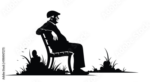 Classic vector graphic illustration portraying a relaxed senior man in a flat cap, peacefully seated on a park bench amidst foliage and small birds.