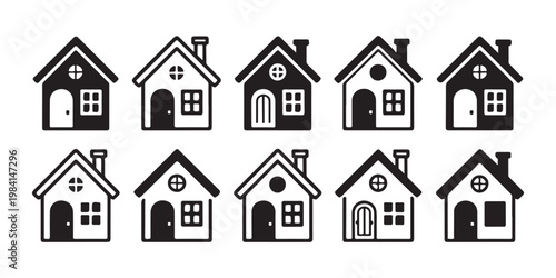 Home icons collection featuring various roof styles and window designs for digital app or web layout.