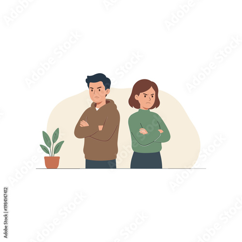 A man and woman stand back to back with arms crossed near a potted plant.