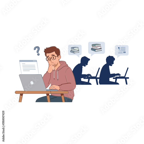 Student studies intently on laptop with peers in background