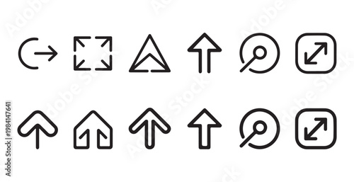 Minimalist black outline icon set for navigation upload download and window resizing user interfaces.