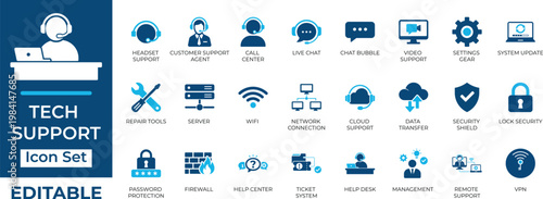 Tech support and IT help desk vector icon set. Customer service, call center, network, and cybersecurity elements in flat blue style.