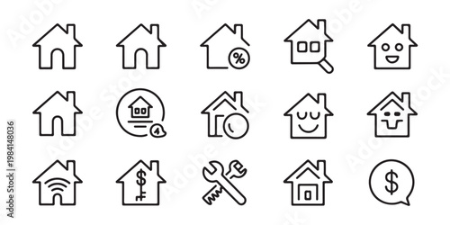 Home maintenance line icons for property management service smart house technology repairs and price.