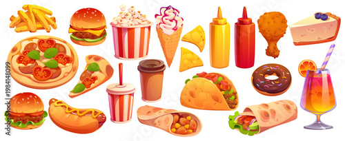 Fast food, dessert and takeaway drinks. Cartoon pizza slices, hamburger, hot dog, tacos, burrito, french fries, popcorn bucket and chicken drumstick, coffee cup and soda, donut, ice cream cocktail