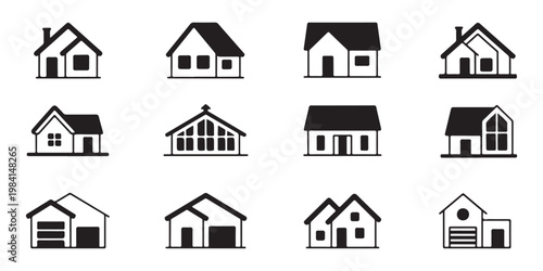 Solid house silhouette icons set for architectural planning residential construction and real estate.