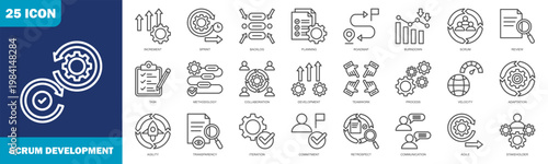 scrum development icon set collection in line style. icon set consist of increment, sprint, backlog, planning, roadmap, burndown, scrum, review, task, and more.