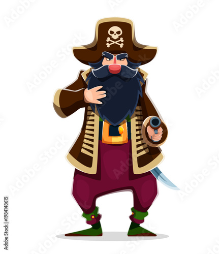 Cartoon pirate captain character with pistol. Medieval corsair with bushy beard holding a flintlock gun. Vector sea rover, funny swashbuckler comic personage wearing a tricorn hat, long coat and boots
