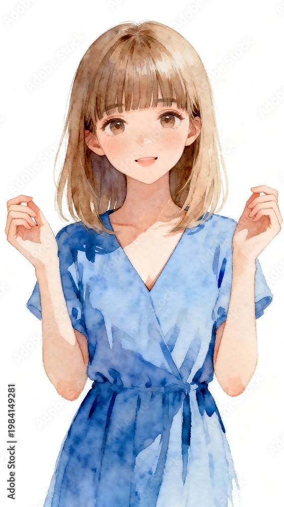 Naklejka premium Watercolor illustration of a young woman in blue dress