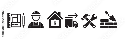 Construction and moving company service icons for home building renovation logistics and engineering.