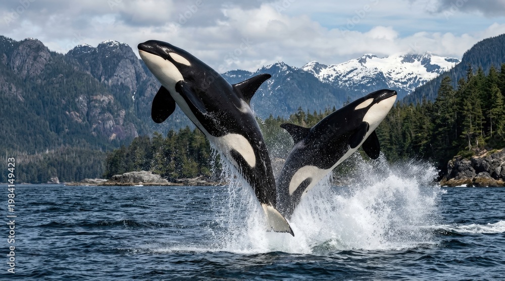 Obraz premium Majestic Orcas Leaping from Ocean Surface Against Scenic Mountain Backdrop in Alaska