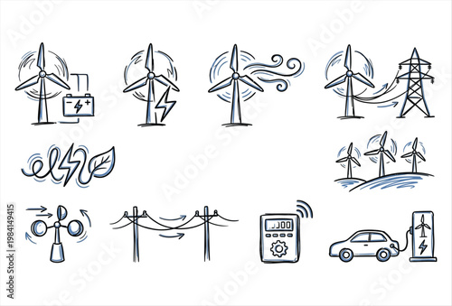 Wind Turbine Icons – Hand Drawn Green Energy Vector Set