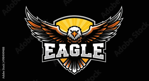 Graphic illustration of an eagle logo with outstretched wings and bold typography on a black background.