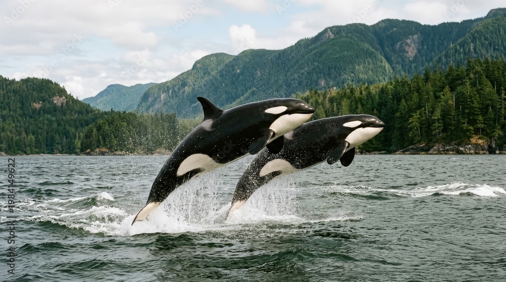 Obraz premium Two Orcas Leaping from Water Against a Scenic Mountainous Backdrop in Nature's Embrace