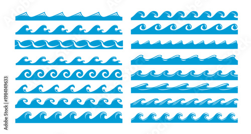 Blue wave borders and divider frames of marine line with sea wave patterns, vector wavy curls. Ocean water splashes with ripples or tide surfs and ocean flow with stormy waves for wave borders