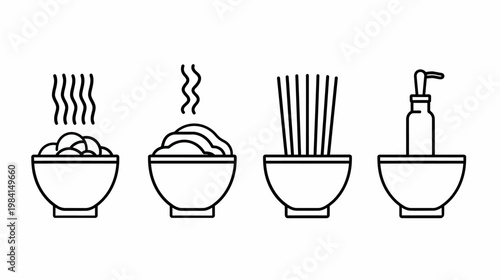 Row of simple line art icons bowls of food, noodles, bottle with pump dispenser