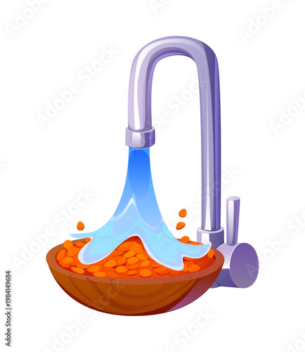 Cartoon dry lentils being poured from sink tap into a wooden vector bowl with water stream, depicting the process of rinsing grains before cooking as part of food preparation in a kitchen environment
