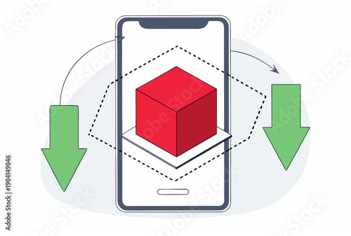 Smartphone screen with augmented reality experience showing a 3D red cube. AR furniture and decor try-on concept. Outline vector illustration
