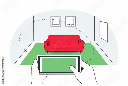 Human hands holding tablet for ar furniture try-on in virtual room. Augmented reality concept. Vector illustration for app, banner