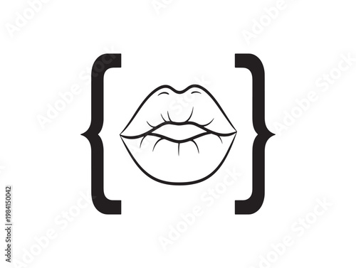 Stylized black and white illustration of lips enclosed by curly braces