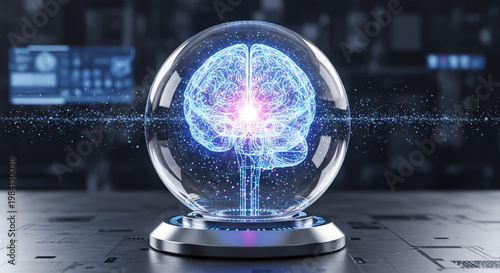 Brain in sphere with digital network visualization