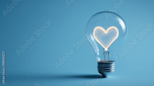 An Edison style transparent glass bulb with a glowing heart shaped filament stands vertically on a pure blue background,