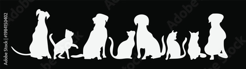 White Dog and Cat silhouettes standing on black background, High-contrast pet vector icons for night veterinary care and emergency services.