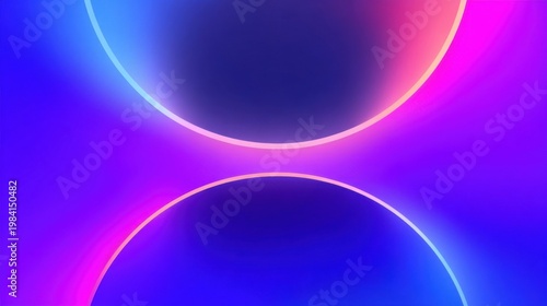 Abstract digital artwork with futuristic neon glow, featuring two luminous semicircles in gradients of cyan, pink and bl