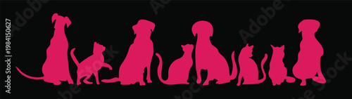 Pink Dog and Cat silhouettes standing on black background, Creative pet vector shapes for feminine branding and cute animal boutique designs.