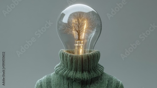 A surreal figure with a glowing light bulb head containing a luminous tree wears a green high-neck sweater against a mut