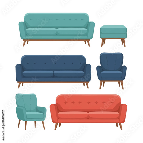 Set of mid-century modern living room furniture including three tufted sofas in teal, navy, and orange, two matching armchairs, and an ottoman with wooden legs on a white background.