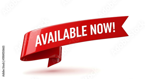 Red Available Now Ribbon Banner on White Background for Marketing and Sales