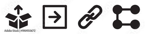 Black simple web navigation icons set including unboxing arrow and link connection isolated on grid.