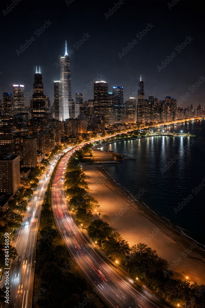 Fototapeta premium Aerial view of Chicago city skyline at night with long exposure traffic