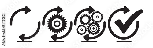 Process workflow step icons with rotating arrows gears and check mark symbol for project completion.