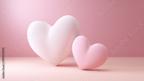 Two minimalist heart shapes in soft pink and white tones embrace on a neutral surface with a delicate gradient backgroun