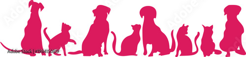 Pink Dog and Cat silhouettes standing together, Vector domestic pets collection for feminine branding and nursery animal decor, isolated on white background.