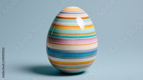 A colorful decorated egg with vibrant stripes reveals a small white feather through a crack at the top, symbolizing new