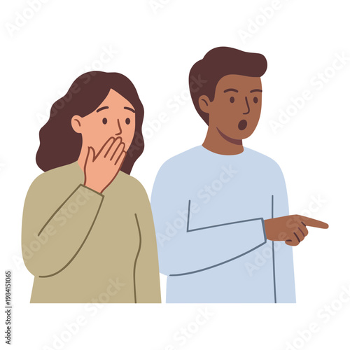 A woman reacts with a shocked expression as a man points and talks to her in a conversation.