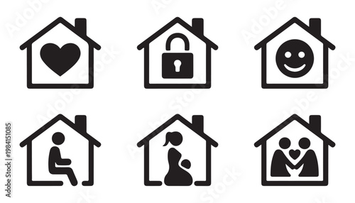 Home life icons including heart, lock, smiley face, couple, pregnant mother and person for family and safety concepts.