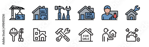 Construction and real estate icon set including crane blueprint house for sale and maintenance tool.